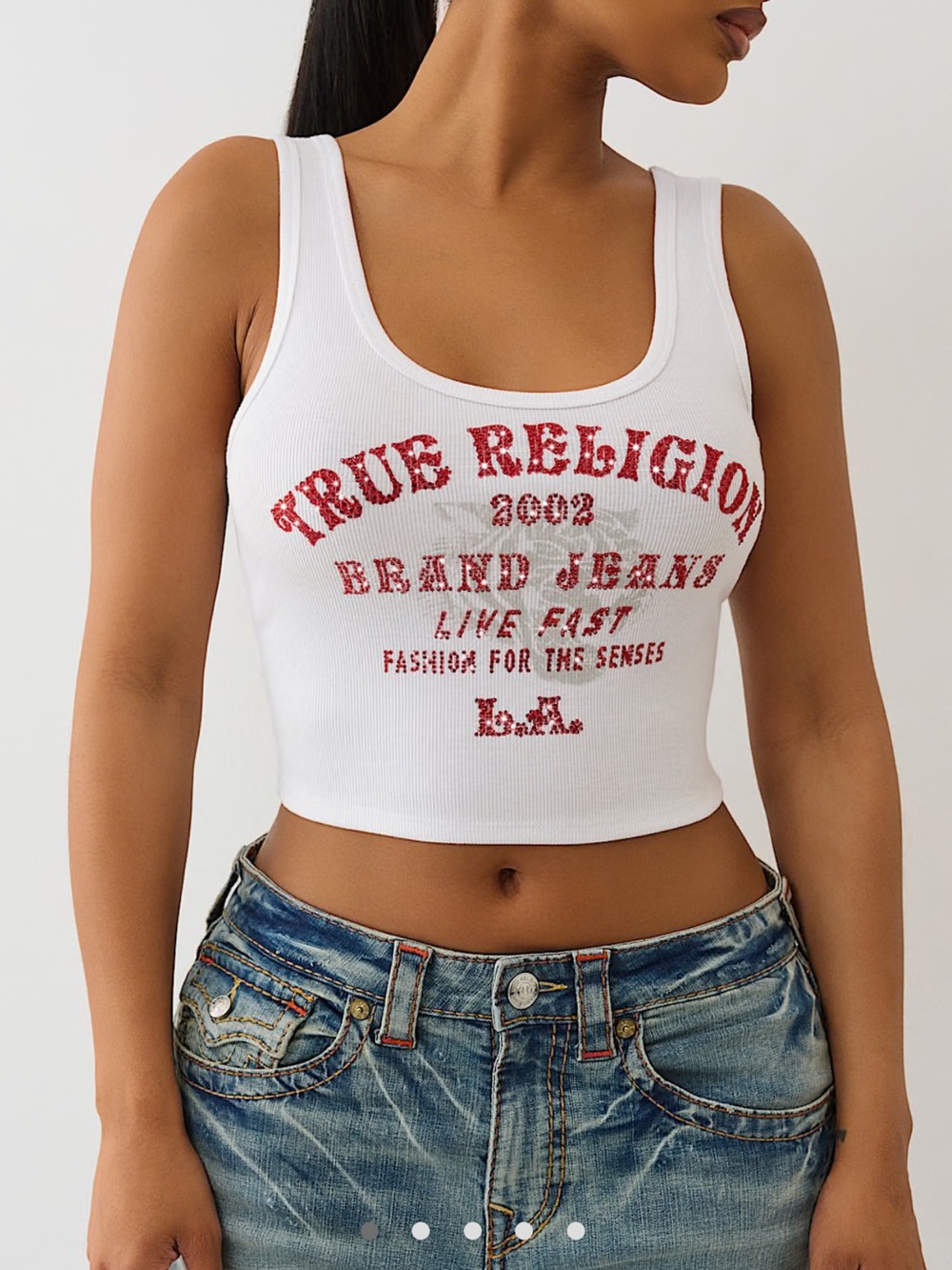 True Religion White Ribbed Cropped Tank with Red Bedazzle Print
